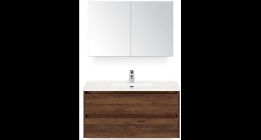 Dante Badmeubelset 100 cm - Walnoot - Keramische Wastafel Wit Cover met Spiegelkast