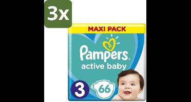 3 x Pampers – Luiers – Active Baby Dry Maat 3 – 66 Luiers - Baby Luier - Droge Luier - Vochtabsorptie - Superabsorberende Kern - Luier Voor Baby