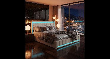 Opbergbed 140x190cm - ADFBL - Beige linnen - Met 4 opberglades & LED - Met laadstation (USB & Type-C) - Zijdelings hoofdeinde - Slimme app-verlichting - Modern tweepersoonsbed