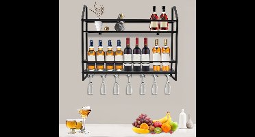 LeeuwenChoice® Wijnrek Wandgemonteerd - Wandrek - 80 CM - Zwart - Met Glazenhouder - Thuisbar - Vitrinerek