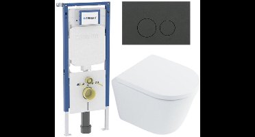 QeramiQ Dely Toiletset - 36.3x51.7cm - diepspoel - rimless - Geberit UP720 inbouwreservoir - softclose toilet zitting 35 mm - bedieningsplaat mat antraciet - ronde knoppen - wit glans