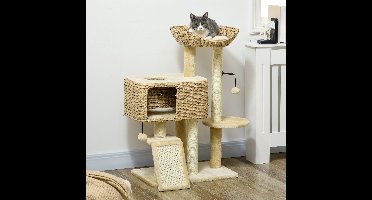Krabpaal – Kattenkrabpaal – Kattenboom – Krabmeubel – Kattenhuis – Sisal Touw – Compact 60x40x98 cm – Inclusief Kattenhol en Ligbed