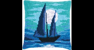 Vervaco - Kruissteekkussen kit - Zeilboot in blauw maanlicht - PN-0187488 - Borduren - Borduurpakket - Borduurpakket volwassenen - Borduurpakket kind