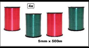4x Krul lint groen en rood 5mm x 500meter - Vernieuwd, nu met folie beschermlaag om de verpakking - krul lint kerst thema feest decoratie