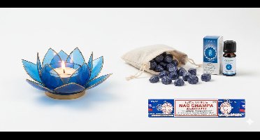 Keel Chakra Geschenkpakket (Chakra 5): Lotus Sfeerlicht Blauw, Aromafume olie Vishudda & Sodalite Edelstenen met Nag Champa Wierook