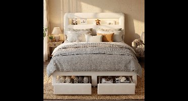 ADFBL Bed met Lades 160x200 Beige - Fluweel Bedframe met RGB LED & USB-C | Multifunctioneel Opberg-Hoofdbord