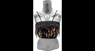 Sexy Glitter Feather Top Zwart Maat L – Wetlook Haltertop met Open Rug – Kinky Pleasure