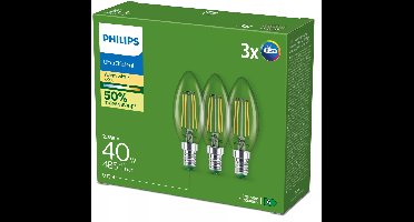 Philips UltraEfficient LED lamp Transparant - 40W - E14 fitting - Warmwit licht; 2700K - Ultra Efficiënt: Energielabel A - 3-pack