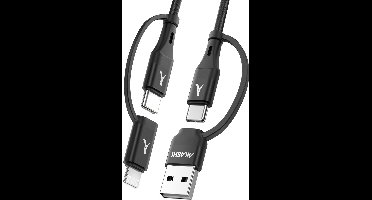 Akashi, 4 in 1 USB-C en USB naar USB-C en Lightning Charge 20W 1m kabel, Zwart