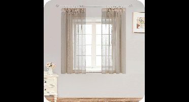 MRTREES Gordijnen met plooiband, vitrage, beige, kort, transparant, 160 x 140 cm (h x b lusgordijnen, set van 2 gordijnen in linnenlook voor woonkamer, slaapkamer, meisjes, jeugd