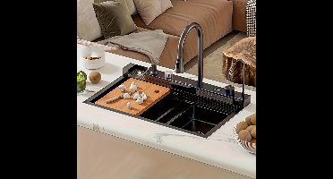 Roestvrijstalen Keukenspoelbak – Spoelbak – Wasbak – Keukensink – Spoeltafel – Donkergrijs – Digitale Uittrekbare Kraan – Dubbele Waterval Functie