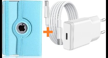 Hoes geschikt voor iPad 2025 hoes Licht Blauw -iPad A16 hoes 11th Generation 11 Inch 2025 draaibare bookcase 360° Case met USB C Adapter - USB C oplader- Slim Snellader 20W Met USB C Kabel 1m - Ntech COMBI-SET