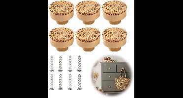 TRANKIELO® - Rotan meubelknoppen met schroeven - 40 mm - Natuurlijke houten kastknoppen voor boho-decoratie (6 stuks)