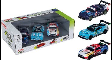 Carrera Speelgoedvoertuig Auto - Pull and Speed - Ford Mustang GT3 - Pull-Back Auto - Terugtrekauto - 1:43 - 3 Stuks