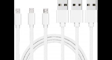 3x Micro USB naar USB A Nylon Gevlochten Kabel Zilver Wit - 1 meter - Oplaadkabel voor Asus Zenfone MAX M2 ZB633KL / MAX PRO M2 ZB631KL