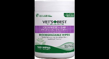 Vet's best oor een oog reinigersdoekjes voor honden uit 100% natuurlijke en biodegradable planten . Grote verpakking met grote doekjes 160 st van 18 x 20 cm aloe vera en witch hazel .