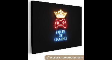 Canvas schilderij 120x90 cm - Wanddecoratie Gaming quotes - Neon - House of gaming - Kroon - Tekst - Muurdecoratie game room - Gaming kamer decoratie - Gameroom accessoires - Schilderijen