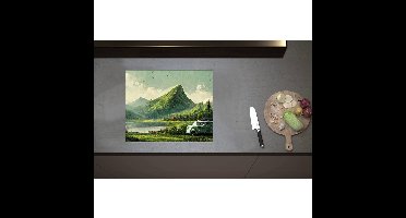 Inductieplaat Beschermer - Bus in Groen Landschap - 60x50 cm - 2 mm Dik - Inductie Beschermer - Bescherming Inductiekookplaat - Kookplaat Beschermer van Zwart Vinyl