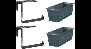 Set van 3 kunststof plantenbakken antraciet grijs rechthoekig 40 cm met 6 verstelbare railing beugels