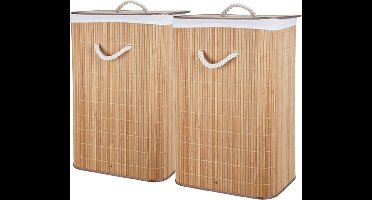 Storage Solutions Wasmand - 2x - bamboe hout - met deksel - naturel - 40 x 30 x 60 cm - 70 liter - opvouwbaar