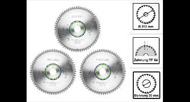 Festool set speciale cirkelzaagbladen 3x HW 216 x 30 x 2,3 mm TF64 216 mm ( 3x 500122 ) 64 tanden