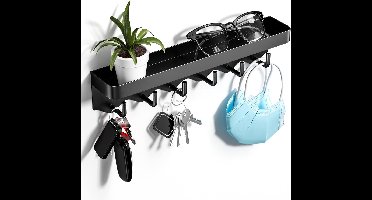 Sleutelrekje, met legplank en 6 haken, ruimtebesparend, draagbaar, organizer, zonder boren, wandmontage, met legruimte, voor sleutels of keukenbestek