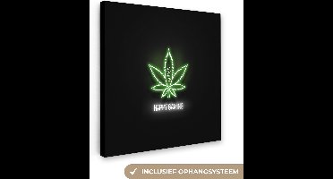Canvas schilderij 90x90 cm - Wanddecoratie Gaming - Tekst - Neon - Happy gaming - Groen - Muurdecoratie game room - Gaming kamer decoratie - Gameroom accessoires - Schilderijen