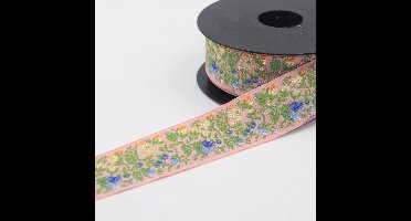 5 Meter JACQUARD LINT/GEWEVEN LINT met Bloemen Motief, Breedte 32MM, Kleur ROZE