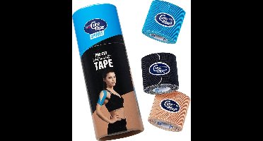My CureTape® Sports PRECUT - kinesiotape- koker met 3 x 12 stroken van 25 cm op rol - Blauw, zwart en beige - Kinesiotape - FysioTape. Extra kleefkracht +25%