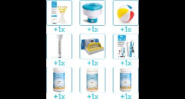 Alles-in-1 Zwembad Onderhoudspakket - bevat Chloor - PH-min - PH-plus - Thermometer - Scrubborstel - Reparatiesetje - Testrips - Chloordrijver en Strandbal (9-delig)