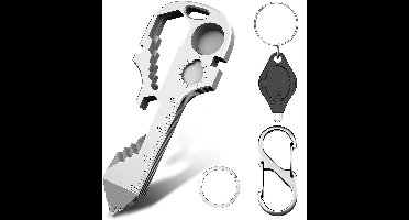 24-in-1 Klein Multitool Survival Sleutelhanger met Dubbelzijdig Karabijnhaak en Mini Zaklamp - Gereedschap voor Fietsreparatie met Carabiner, Bieropener, Sleutelring - Fiets Accessoires reparatieset - Keychain Gadget - Multi Tool Flesopener - Zilver