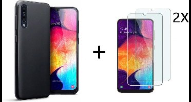Ntech Hoesje Silicone Hoesje Flexible & Scratch Resistent TPU Case Hoesje Geschikt Voor Samsung Galaxy A50 - Zwart + 2 Stuks Glazen Screenprotector