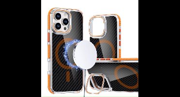 Magsafe Hoesje Geschikt voor iPhone 15 Plus hoesje Oranje Heavy Duty Carbon Case met Versterkte Zijkanten, MagSafe en Camera Kickstand