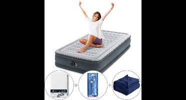 Intex Comfort Plush luchtbed met ingebouwde pomp | Eenpersoons | 191 x 99 x 33 cm | Inclusief bijpassend hoeslaken + reparatiekit + fleece deken