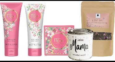 Maja Cadeauset Rose Love & Thee Mama - Maja Love Rose Soap 100g - Maja Love Rose Body Lotion 200ml - Maja Love Rose Shower Gel 200ml - ARELO Lieve Thee zakje
