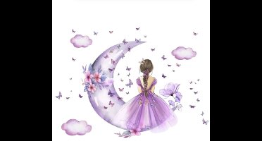 Muurstickers Meisje met Maan en Vlinders – Decoratie voor Kinderkamer, Slaapkamer & Woonkamer – Voor Meisjes & Baby’s – Huisdecoratie Accessoires