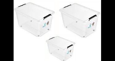 Sfree - Opbergbox met deksel -opbergdoos, wielen- Set van 3 - Transparant , 60 L