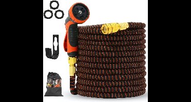 FlinQ Flexibele Tuinslang tot 10 meter - Uitrekbare Waterslang met Sproeikop en Slanghouder - Flexibel dus geen Knopen - Inclusief Opbergtas - Zwart / Oranje