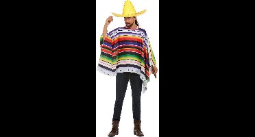 Carnaval verkleed set Mexicaan - gekleurde one size poncho - Sombrero hoed geel met dia 59 cm