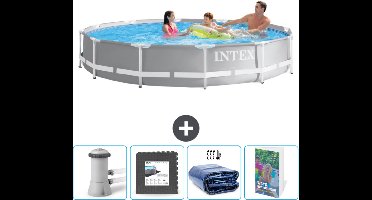 Intex Rond Prism Frame Zwembad - 366 x 76 cm - Grijs - Inclusief Zwembadfilterpomp - Vloertegels - Solarzeil - Zwembadgids