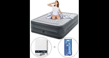 Intex Queen Comfort-Plush Luchtbed met ingebouwde pomp | Tweepersoons | Extra hoog | 203 x 152 x 56 cm | Inclusief bijpassend hoeslaken + reparatiekit