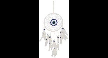 Gerimport Dromenvanger/dreamcatcher - mobiel - wit - veertjes/kraaltjes - 22 cm