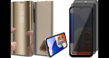 Hoesje geschikt voor Samsung Galaxy A14 - 2x Privacy Screen Protector FullGuard - Book Case Spiegel Goud & Screenprotector