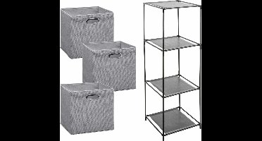 Kastmandjes/opberg manden - lichtgrijs - 3x stuks van 29 Liter - In metalen rekje van 34 x 98 cm