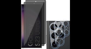 Privacy Screenprotector geschikt voor Samsung Galaxy S23 Ultra - 2x Camera Lens Screen Protector & 2x Glas Screen Protector FullGuard