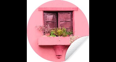WallCircle® - Behangcirkel 30x30 cm - Muurstickers Raam - Planten - Roze - Plantenbak - Muurcirkel woonkamer - Wandcirkel slaapkamer - Kamer decoratie zelfklevend - Muurdecoratie accessoires