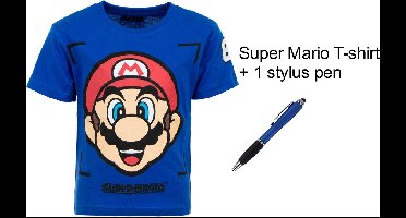 Super Mario Bros T-shirt - Koningsblauw - met 1 Stylus Pen. Maat 104 cm / 4 jaar.