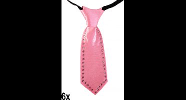 6x Mini stropdas roze met strass stenen 20cm - Festival thema feest pride fun party