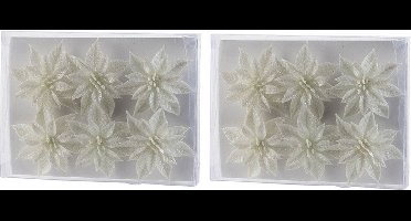 18x Kerstboomversiering witte glitter bloemen op steker - kerstboom decoratie - wit kerstversieringen