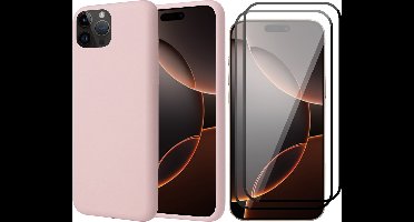 Hoesje geschikt voor iPhone 16 Pro - 2x Screenprotector Volledig Dekkend Glas - Matte Case Roze met Fluweelzachte Binnenzijde